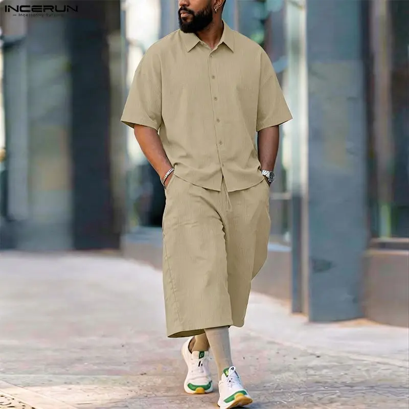Mens Fashion Streetwear - Мужской комплект INCERUN: однотонная рубашка с