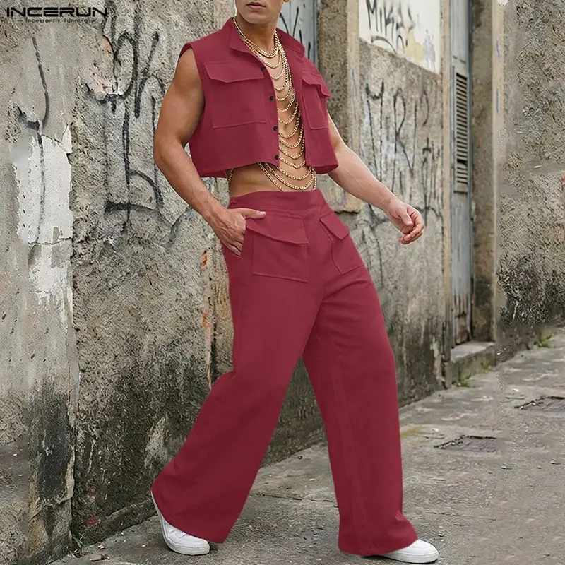 Mens Fashion Trend - Мужской комплект INCERUN: однотонные укороченные топы