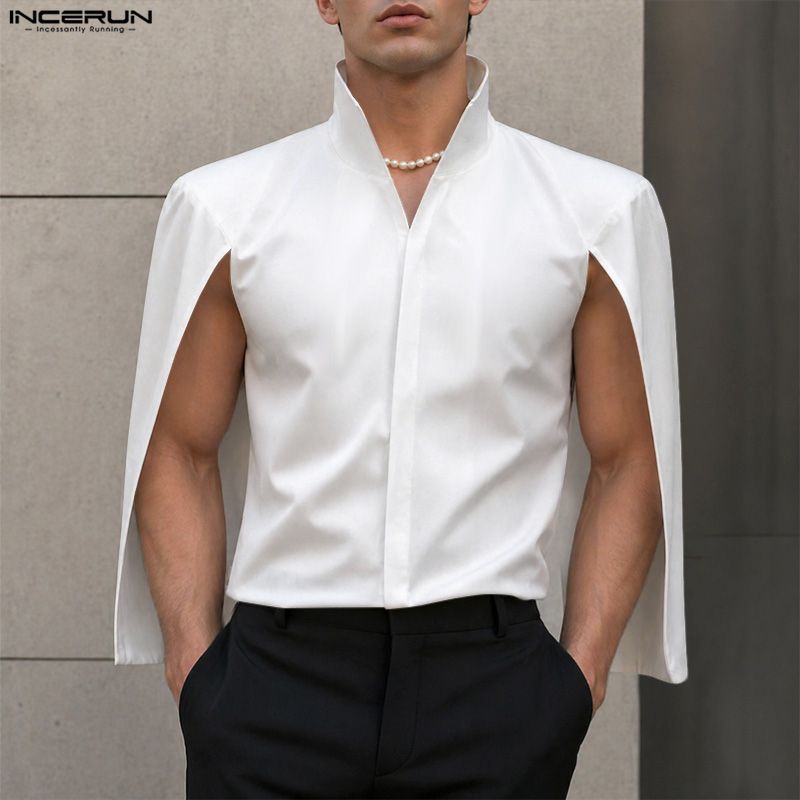 Mens Fashion Poncho - Мужская рубашка INCERUN, однотонная, с воротником-стойкой,